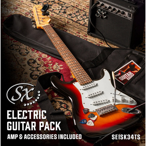 SX SE1SK34TS 3/4 Size Strat Style Electric Guitar 10 Watt Amp Bag/Lead/Tuner/Strap Tobacco Sunburst