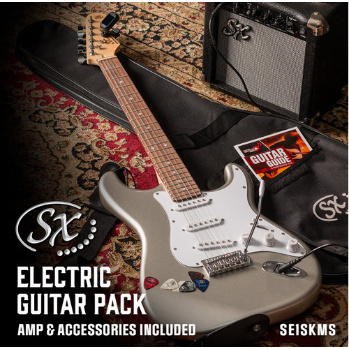 SX SE1SKMS Strat Style Electric Guitar 10 Watt Amp Bag/Lead/Tuner/Strap Metallic Silver